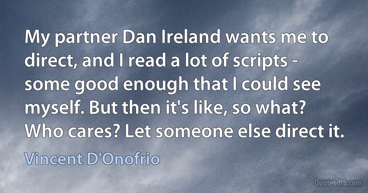 My partner Dan Ireland wants me to direct, and I read a lot of scripts - some good enough that I could see myself. But then it's like, so what? Who cares? Let someone else direct it. (Vincent D'Onofrio)