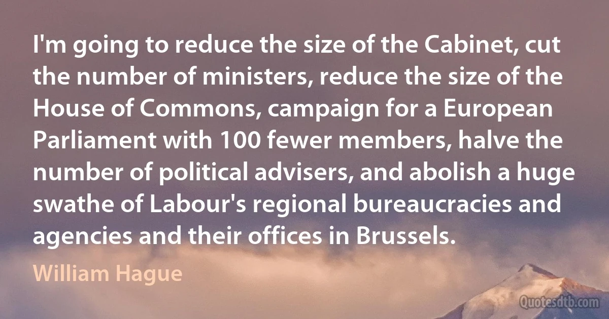 I'm going to reduce the size of the Cabinet, cut the number of ministers, reduce the size of the House of Commons, campaign for a European Parliament with 100 fewer members, halve the number of political advisers, and abolish a huge swathe of Labour's regional bureaucracies and agencies and their offices in Brussels. (William Hague)