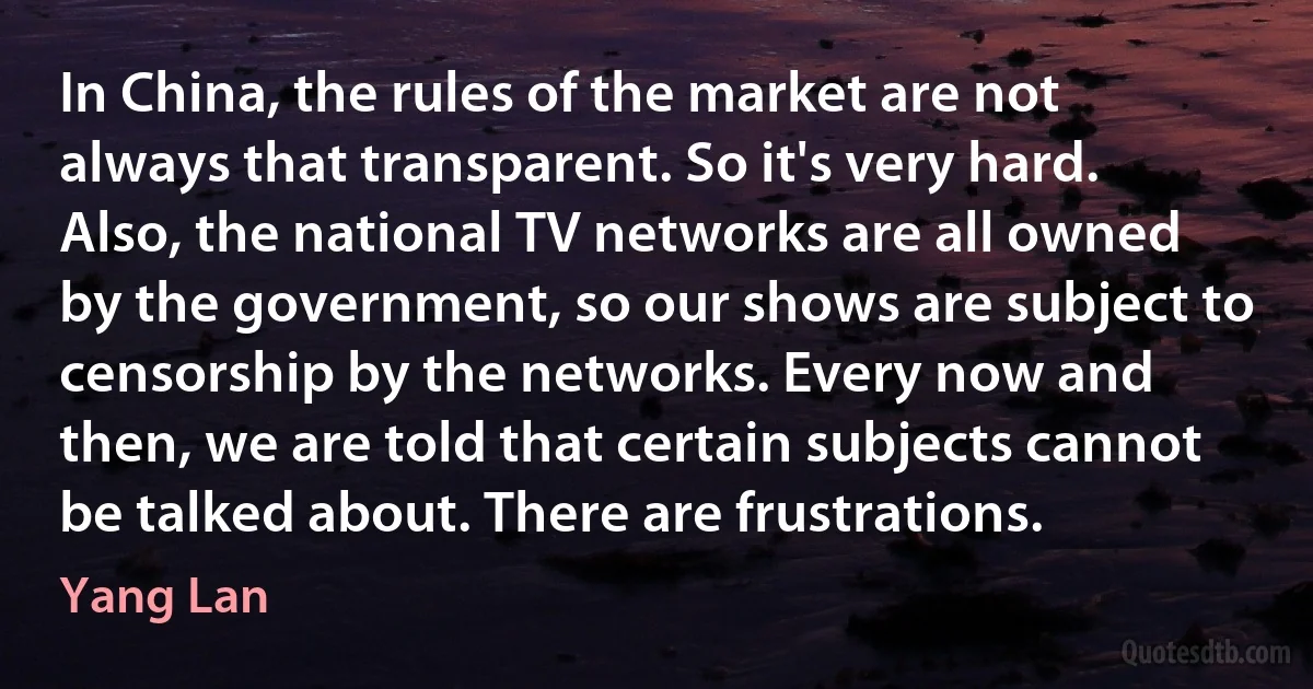 In China, the rules of the market are not always that transparent. So it's very hard. Also, the national TV networks are all owned by the government, so our shows are subject to censorship by the networks. Every now and then, we are told that certain subjects cannot be talked about. There are frustrations. (Yang Lan)