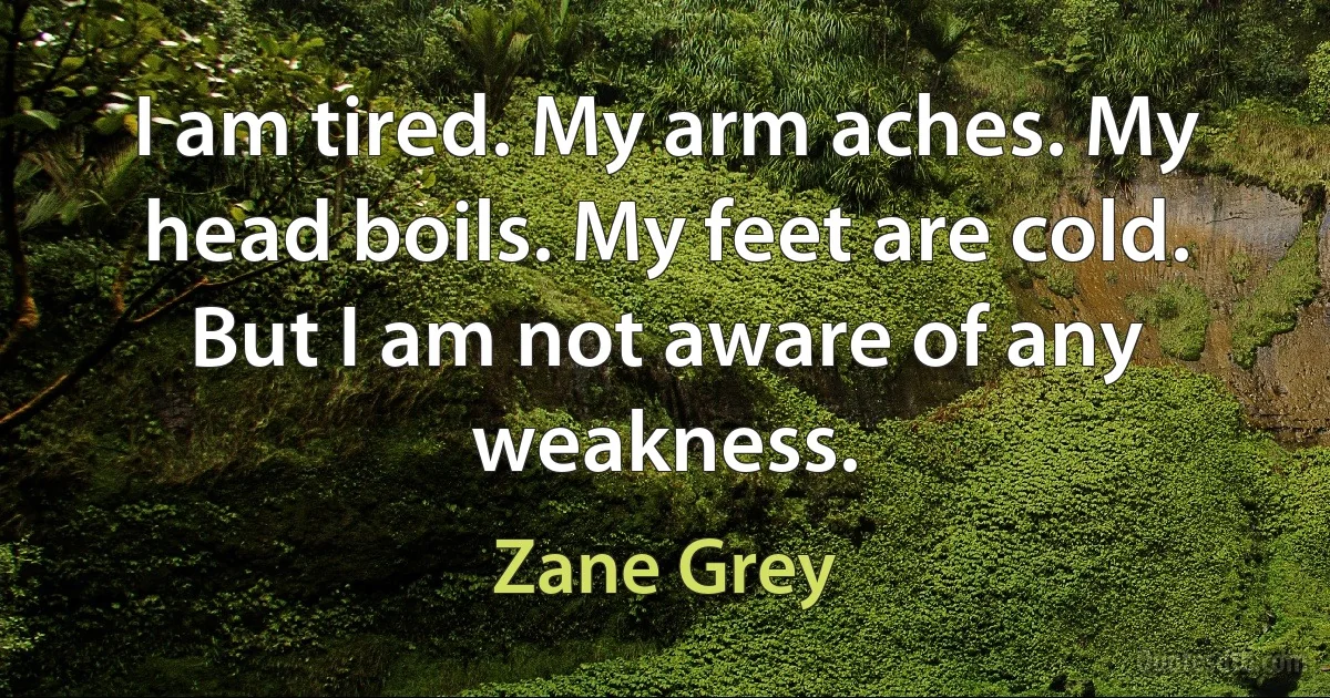 I am tired. My arm aches. My head boils. My feet are cold. But I am not aware of any weakness. (Zane Grey)