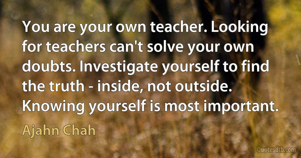 You are your own teacher. Looking for teachers can't solve your own doubts. Investigate yourself to find the truth - inside, not outside. Knowing yourself is most important. (Ajahn Chah)