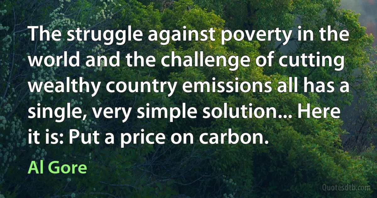 The struggle against poverty in the world and the challenge of cutting wealthy country emissions all has a single, very simple solution... Here it is: Put a price on carbon. (Al Gore)