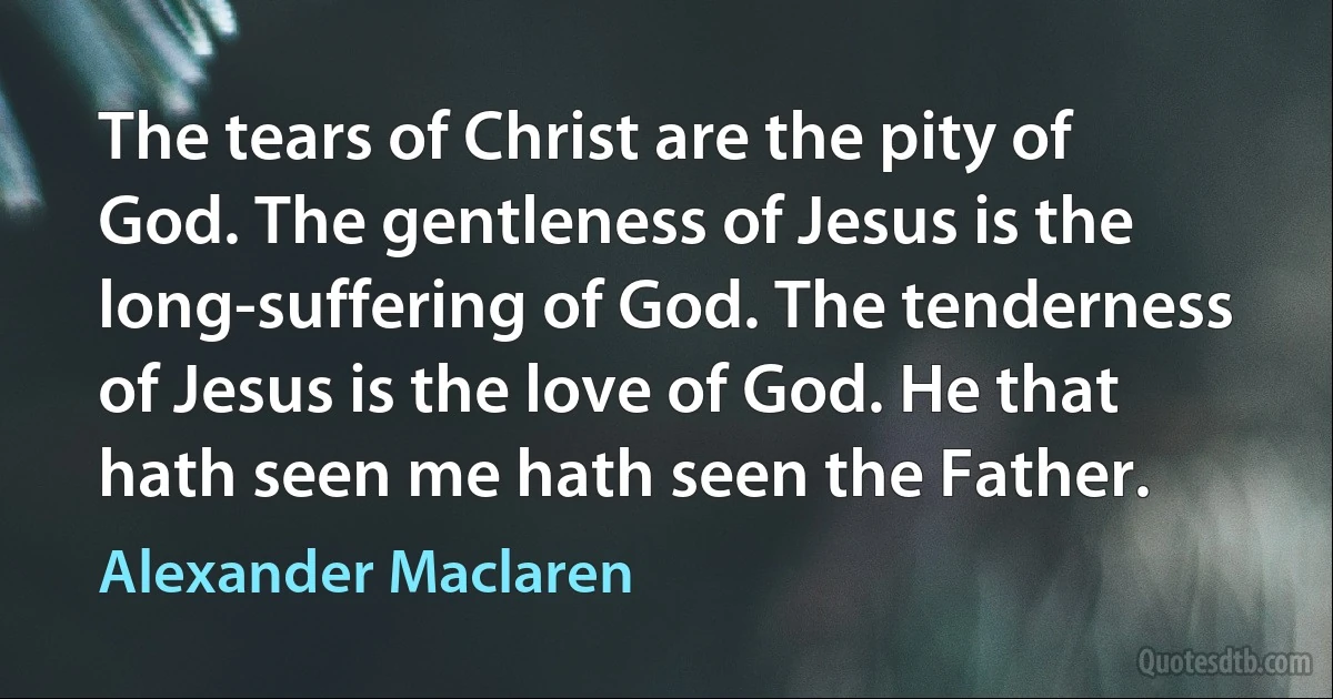 The tears of Christ are the pity of God. The gentleness of Jesus is the long-suffering of God. The tenderness of Jesus is the love of God. He that hath seen me hath seen the Father. (Alexander Maclaren)