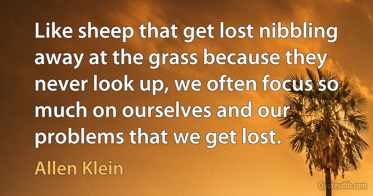 Like sheep that get lost nibbling away at the grass because they never look up, we often focus so much on ourselves and our problems that we get lost. (Allen Klein)