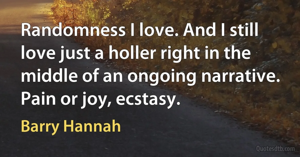 Randomness I love. And I still love just a holler right in the middle of an ongoing narrative. Pain or joy, ecstasy. (Barry Hannah)