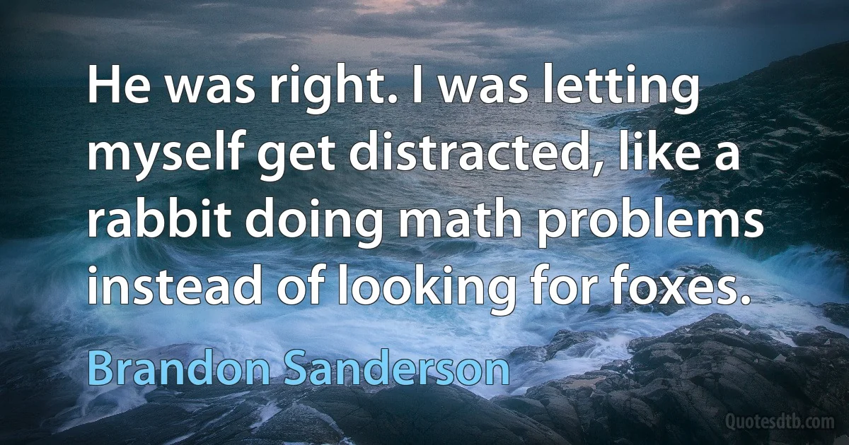 He was right. I was letting myself get distracted, like a rabbit doing math problems instead of looking for foxes. (Brandon Sanderson)