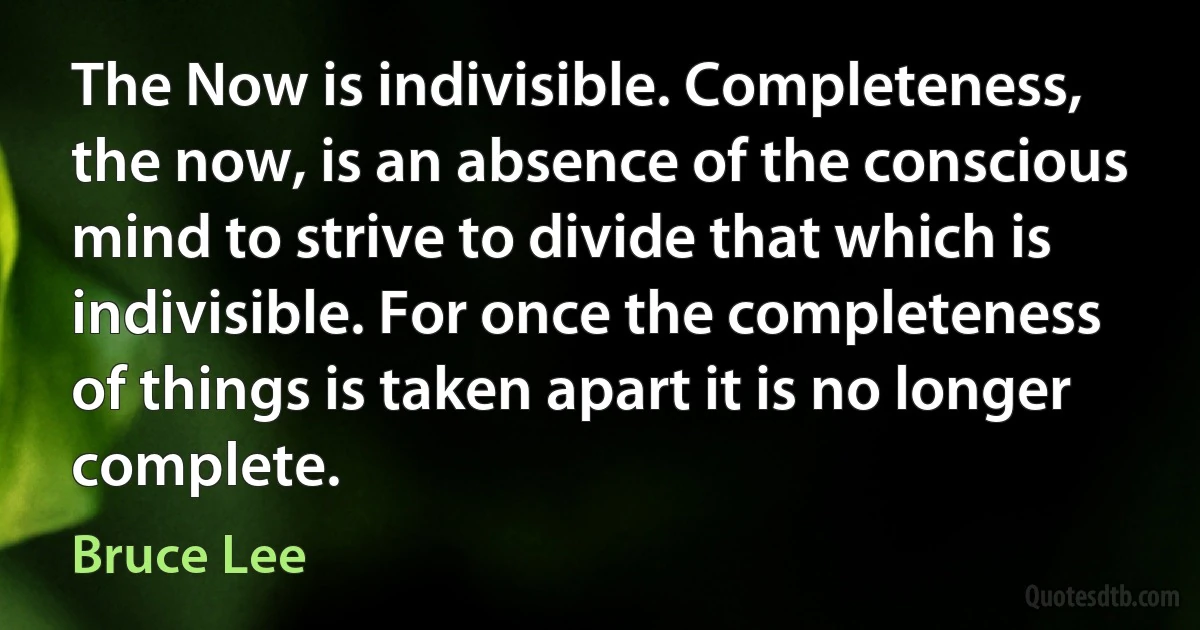 The Now is indivisible. Completeness, the now, is an absence of the conscious mind to strive to divide that which is indivisible. For once the completeness of things is taken apart it is no longer complete. (Bruce Lee)