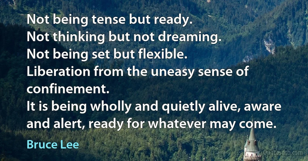 Not being tense but ready.
Not thinking but not dreaming.
Not being set but flexible.
Liberation from the uneasy sense of confinement.
It is being wholly and quietly alive, aware and alert, ready for whatever may come. (Bruce Lee)