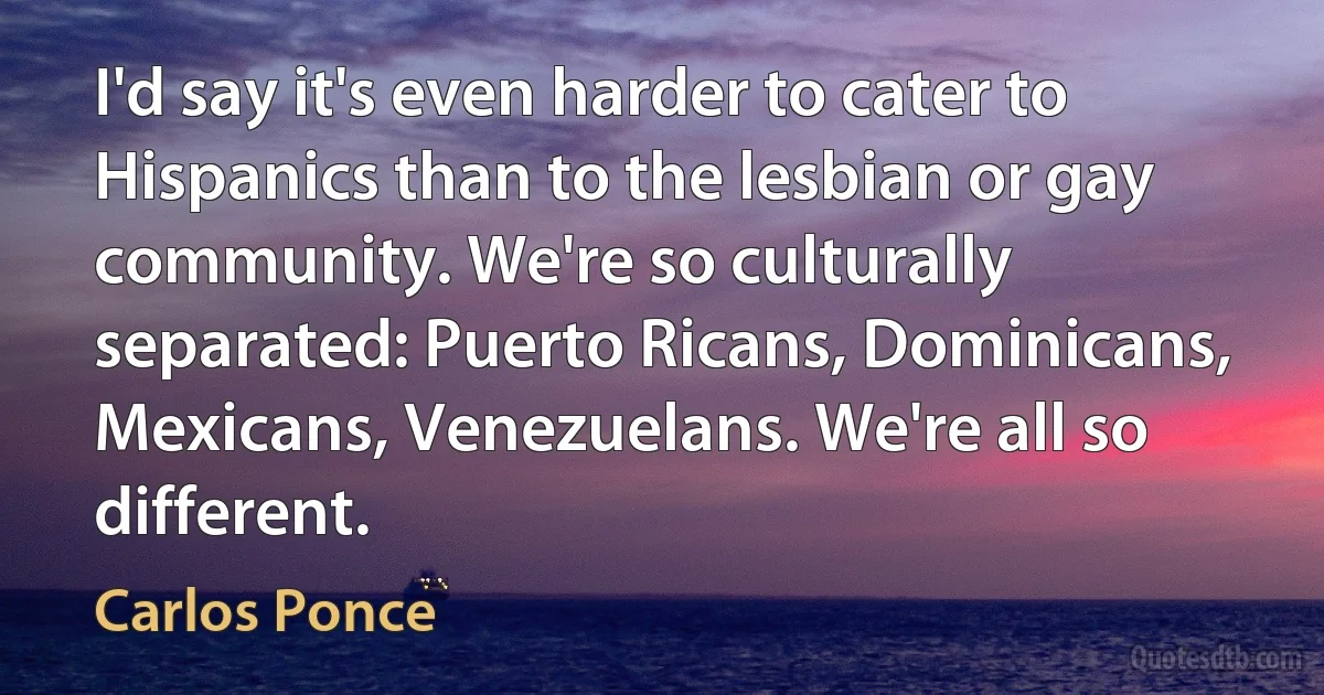 I'd say it's even harder to cater to Hispanics than to the lesbian or gay community. We're so culturally separated: Puerto Ricans, Dominicans, Mexicans, Venezuelans. We're all so different. (Carlos Ponce)