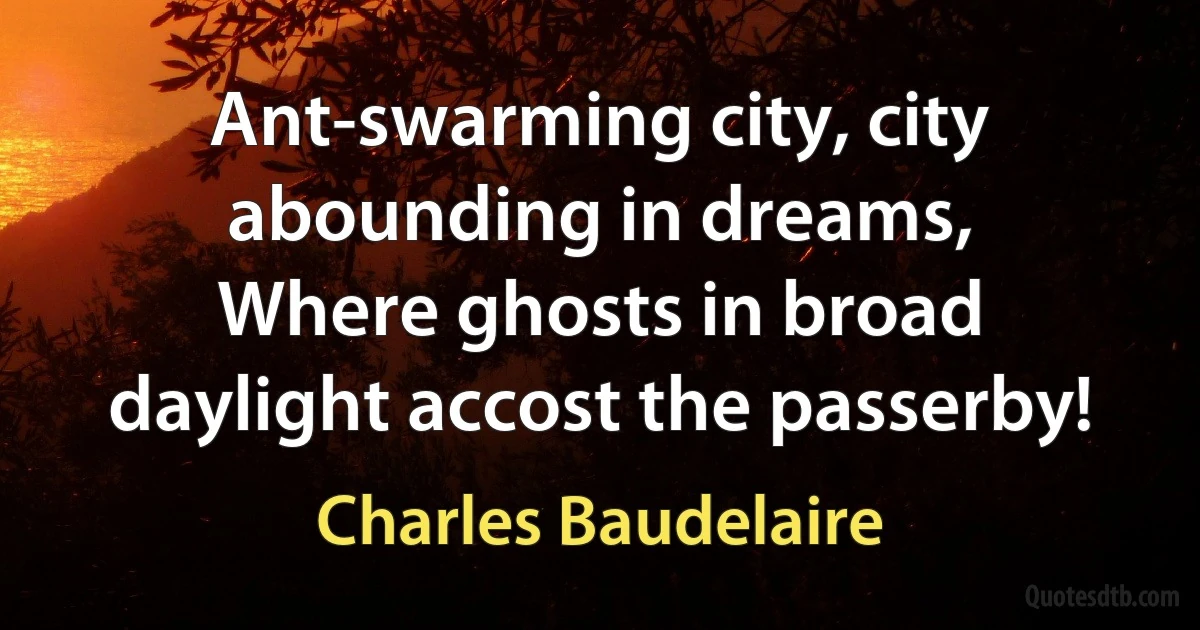 Ant-swarming city, city abounding in dreams,
Where ghosts in broad daylight accost the passerby! (Charles Baudelaire)