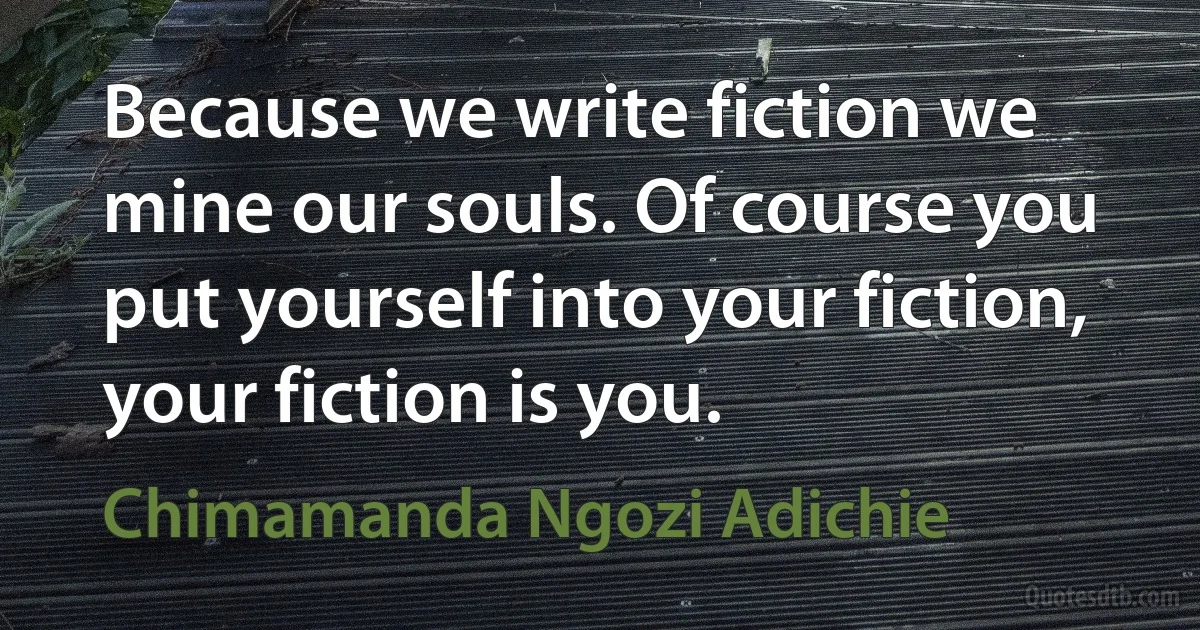 Because we write fiction we mine our souls. Of course you put yourself into your fiction, your fiction is you. (Chimamanda Ngozi Adichie)