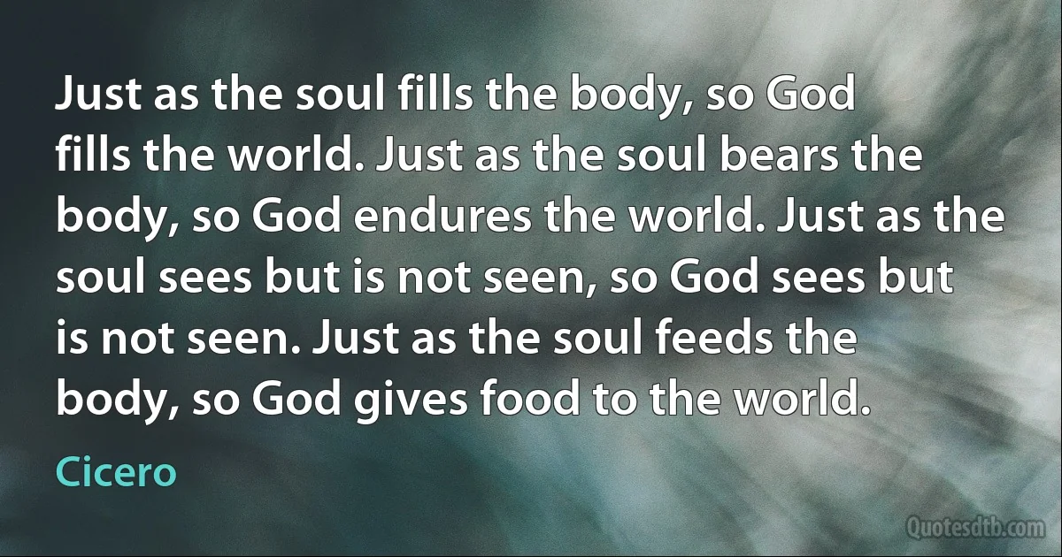 Just as the soul fills the body, so God fills the world. Just as the soul bears the body, so God endures the world. Just as the soul sees but is not seen, so God sees but is not seen. Just as the soul feeds the body, so God gives food to the world. (Cicero)