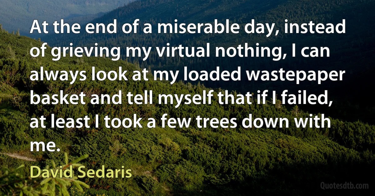 At the end of a miserable day, instead of grieving my virtual nothing, I can always look at my loaded wastepaper basket and tell myself that if I failed, at least I took a few trees down with me. (David Sedaris)