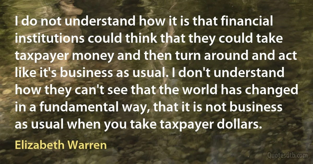 I do not understand how it is that financial institutions could think that they could take taxpayer money and then turn around and act like it's business as usual. I don't understand how they can't see that the world has changed in a fundamental way, that it is not business as usual when you take taxpayer dollars. (Elizabeth Warren)