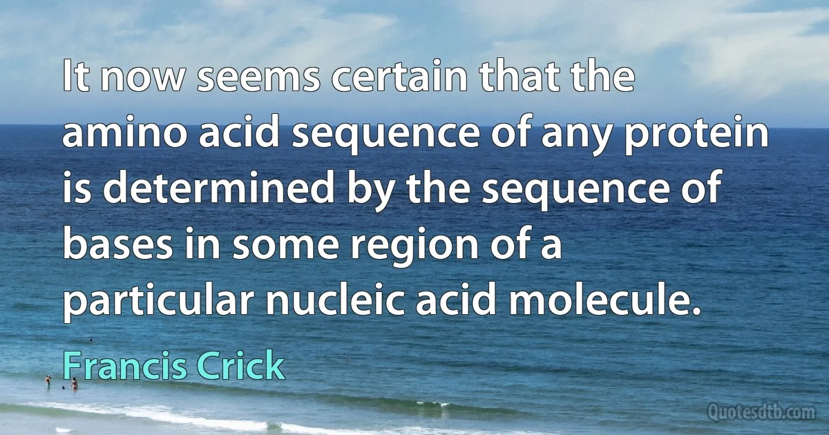 It now seems certain that the amino acid sequence of any protein is determined by the sequence of bases in some region of a particular nucleic acid molecule. (Francis Crick)