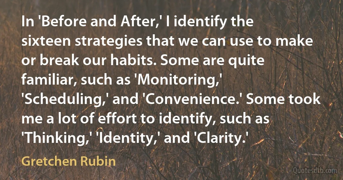 In 'Before and After,' I identify the sixteen strategies that we can use to make or break our habits. Some are quite familiar, such as 'Monitoring,' 'Scheduling,' and 'Convenience.' Some took me a lot of effort to identify, such as 'Thinking,' 'Identity,' and 'Clarity.' (Gretchen Rubin)