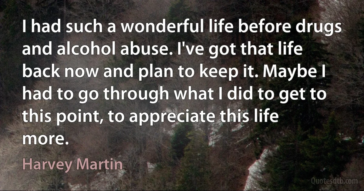 I had such a wonderful life before drugs and alcohol abuse. I've got that life back now and plan to keep it. Maybe I had to go through what I did to get to this point, to appreciate this life more. (Harvey Martin)