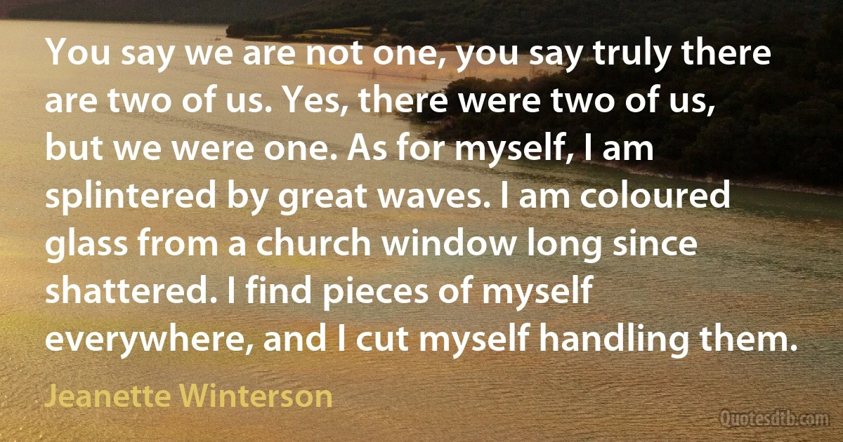 You say we are not one, you say truly there are two of us. Yes, there were two of us, but we were one. As for myself, I am splintered by great waves. I am coloured glass from a church window long since shattered. I find pieces of myself everywhere, and I cut myself handling them. (Jeanette Winterson)