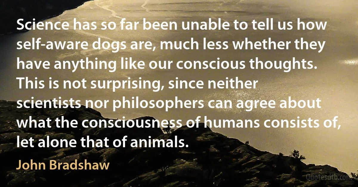 Science has so far been unable to tell us how self-aware dogs are, much less whether they have anything like our conscious thoughts. This is not surprising, since neither scientists nor philosophers can agree about what the consciousness of humans consists of, let alone that of animals. (John Bradshaw)