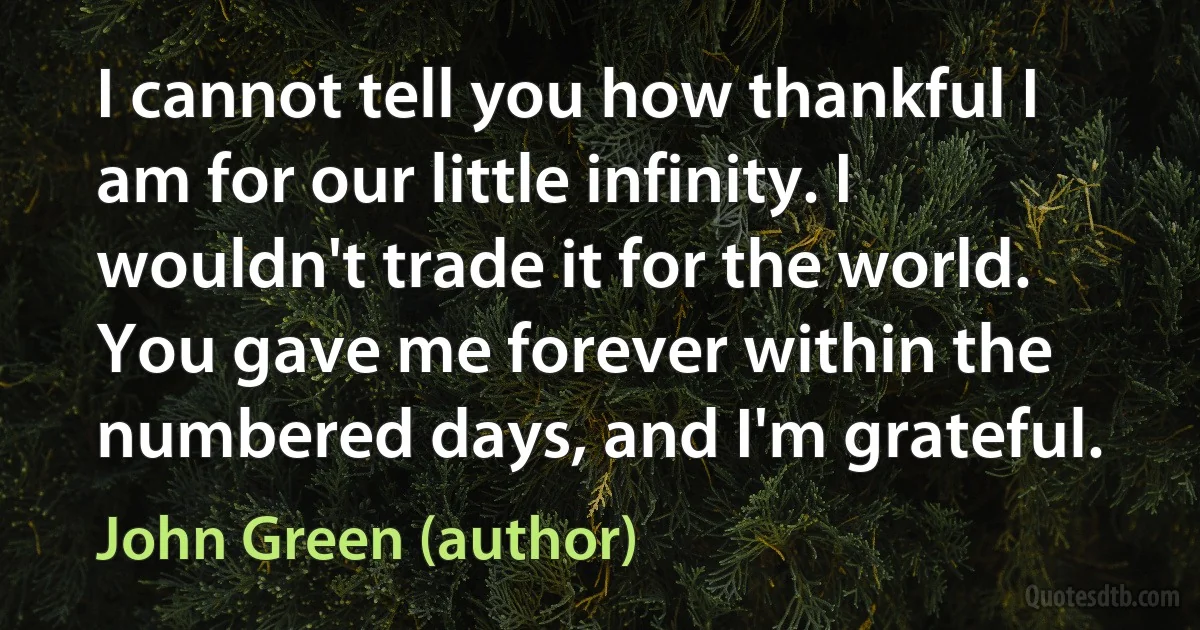 I cannot tell you how thankful I am for our little infinity. I wouldn't trade it for the world. You gave me forever within the numbered days, and I'm grateful. (John Green (author))