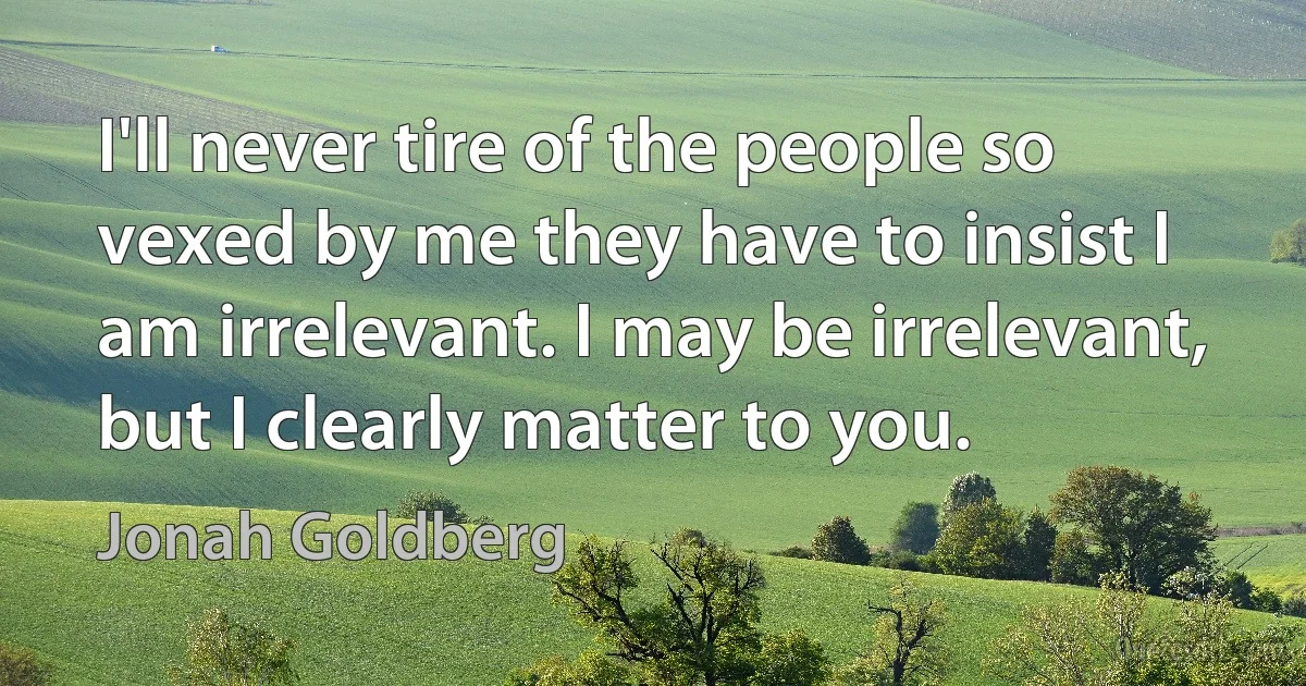 I'll never tire of the people so vexed by me they have to insist I am irrelevant. I may be irrelevant, but I clearly matter to you. (Jonah Goldberg)