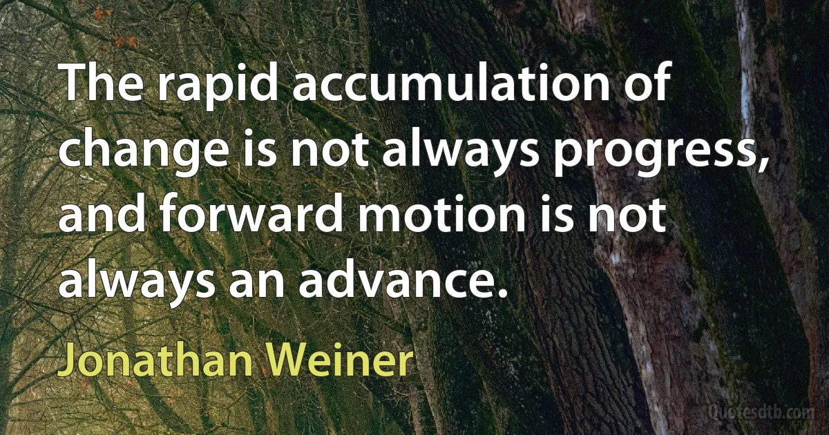 The rapid accumulation of change is not always progress, and forward motion is not always an advance. (Jonathan Weiner)