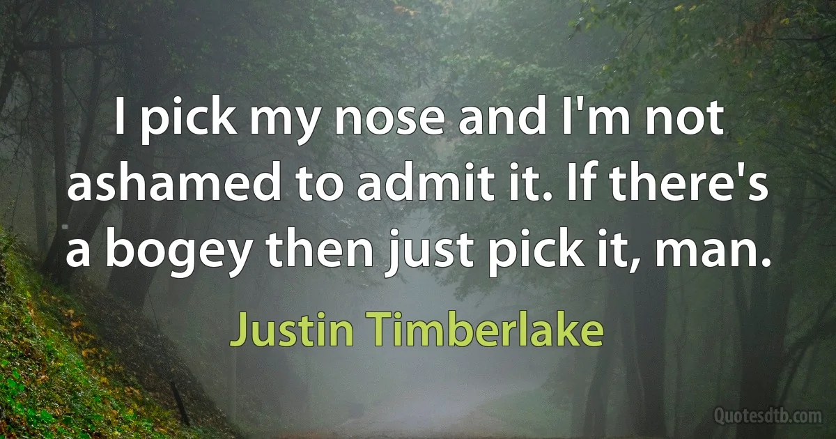 I pick my nose and I'm not ashamed to admit it. If there's a bogey then just pick it, man. (Justin Timberlake)