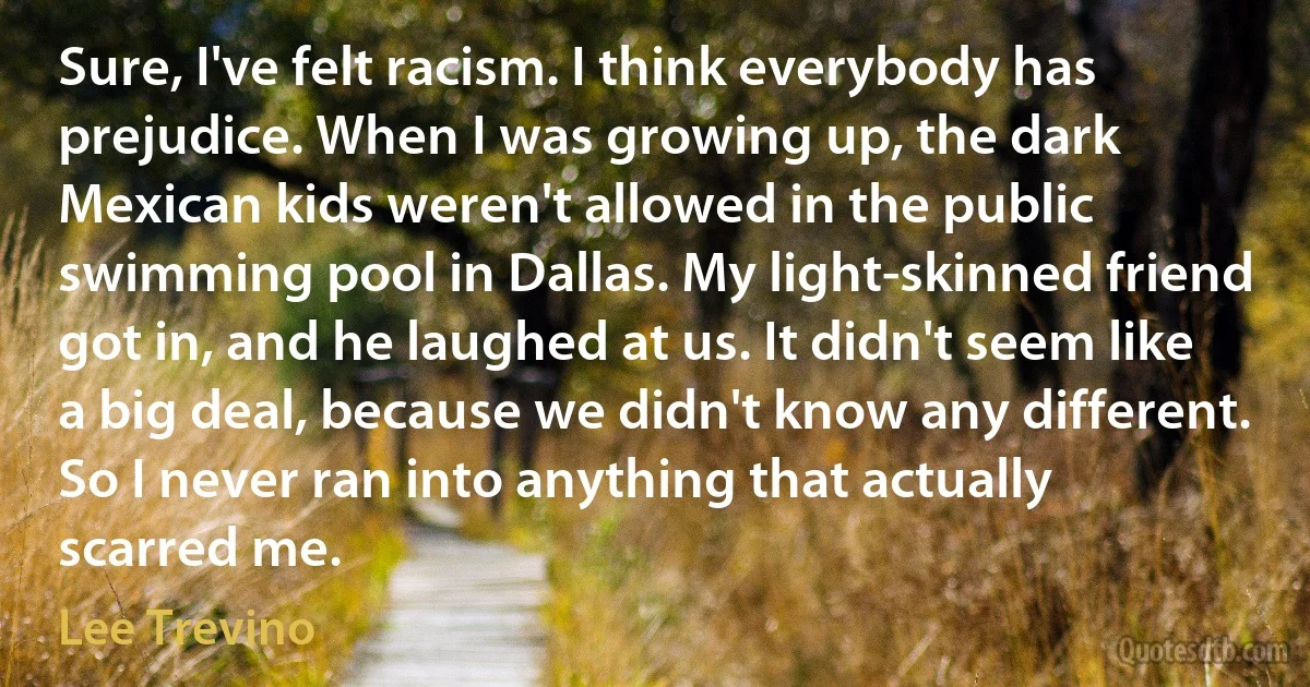 Sure, I've felt racism. I think everybody has prejudice. When I was growing up, the dark Mexican kids weren't allowed in the public swimming pool in Dallas. My light-skinned friend got in, and he laughed at us. It didn't seem like a big deal, because we didn't know any different. So I never ran into anything that actually scarred me. (Lee Trevino)