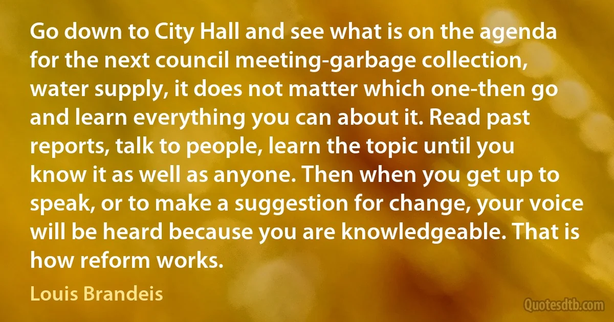 Go down to City Hall and see what is on the agenda for the next council meeting-garbage collection, water supply, it does not matter which one-then go and learn everything you can about it. Read past reports, talk to people, learn the topic until you know it as well as anyone. Then when you get up to speak, or to make a suggestion for change, your voice will be heard because you are knowledgeable. That is how reform works. (Louis Brandeis)