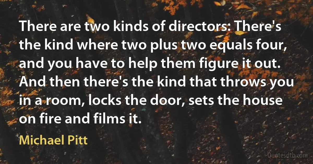 There are two kinds of directors: There's the kind where two plus two equals four, and you have to help them figure it out. And then there's the kind that throws you in a room, locks the door, sets the house on fire and films it. (Michael Pitt)