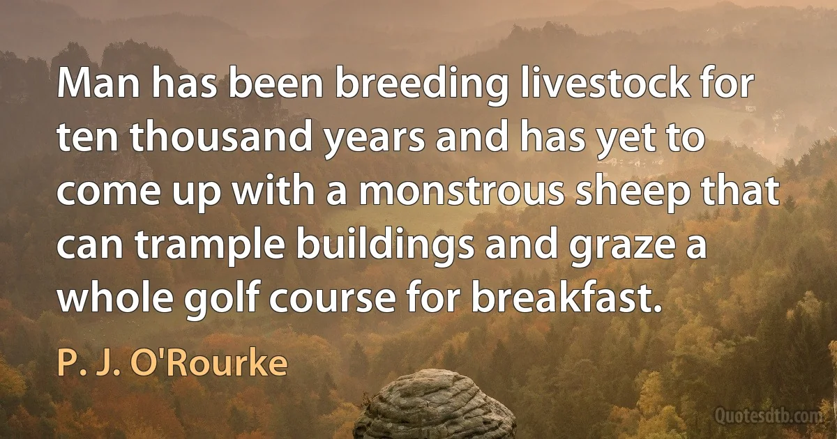 Man has been breeding livestock for ten thousand years and has yet to come up with a monstrous sheep that can trample buildings and graze a whole golf course for breakfast. (P. J. O'Rourke)