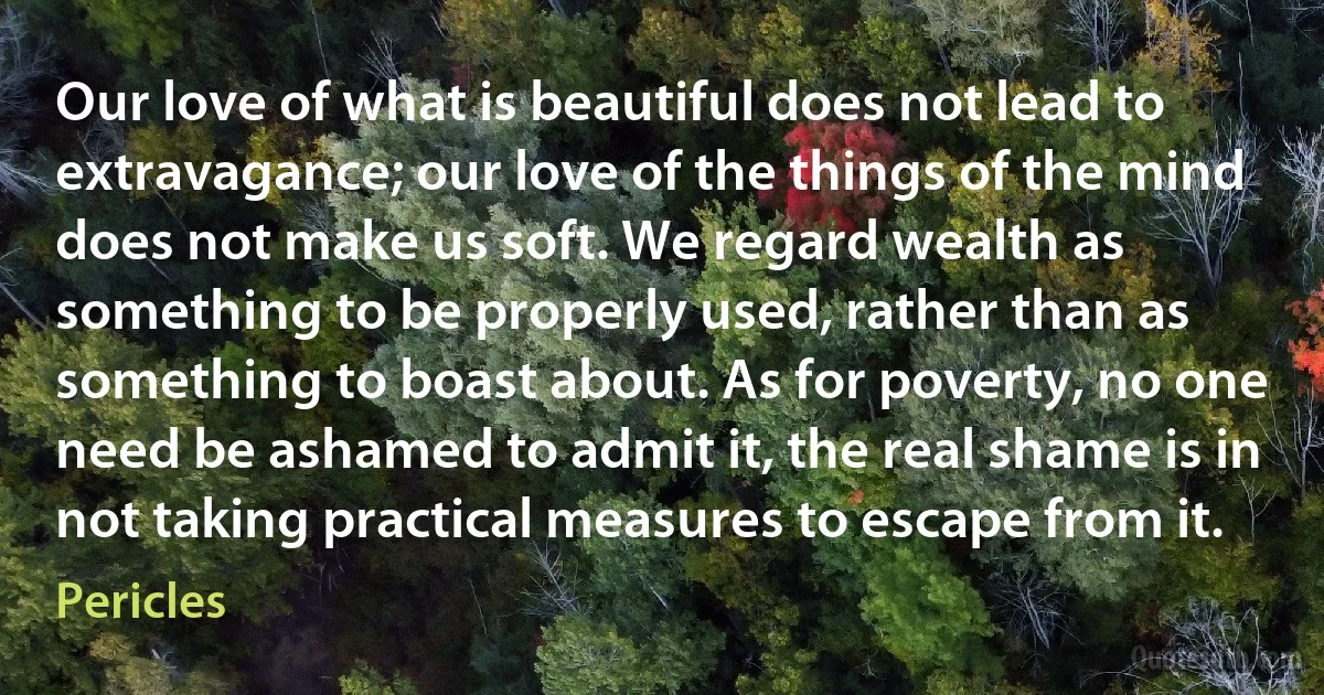 Our love of what is beautiful does not lead to extravagance; our love of the things of the mind does not make us soft. We regard wealth as something to be properly used, rather than as something to boast about. As for poverty, no one need be ashamed to admit it, the real shame is in not taking practical measures to escape from it. (Pericles)