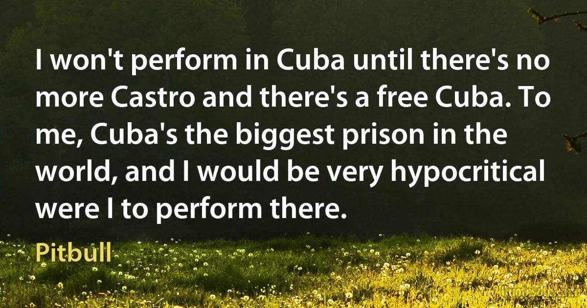 I won't perform in Cuba until there's no more Castro and there's a free Cuba. To me, Cuba's the biggest prison in the world, and I would be very hypocritical were I to perform there. (Pitbull)