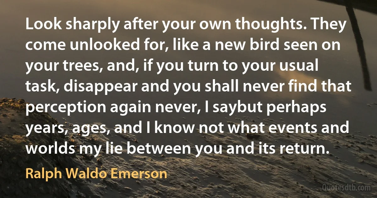 Look sharply after your own thoughts. They come unlooked for, like a new bird seen on your trees, and, if you turn to your usual task, disappear and you shall never find that perception again never, I saybut perhaps years, ages, and I know not what events and worlds my lie between you and its return. (Ralph Waldo Emerson)