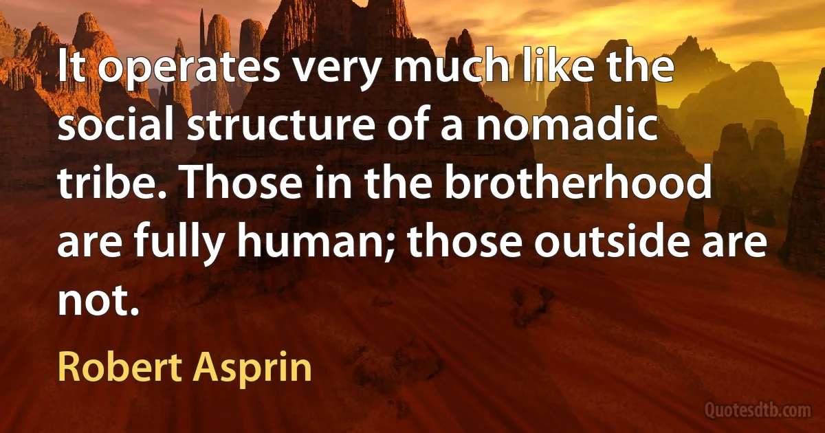 It operates very much like the social structure of a nomadic tribe. Those in the brotherhood are fully human; those outside are not. (Robert Asprin)