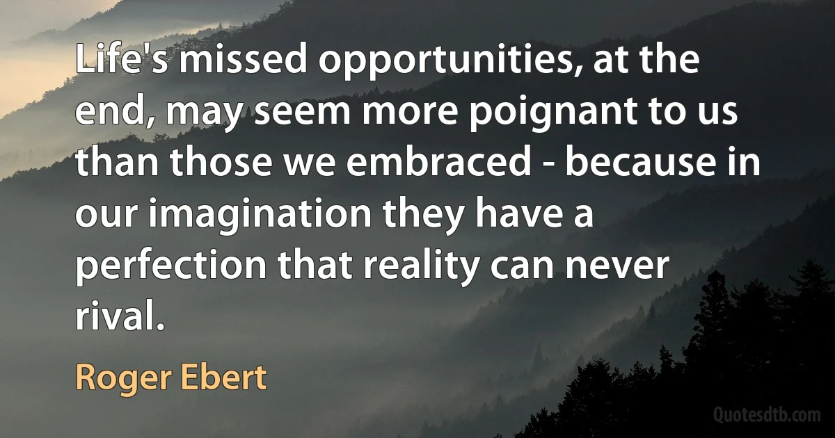 Life's missed opportunities, at the end, may seem more poignant to us than those we embraced - because in our imagination they have a perfection that reality can never rival. (Roger Ebert)