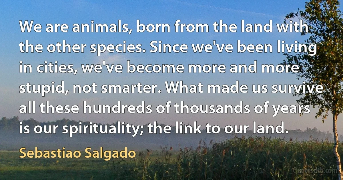 We are animals, born from the land with the other species. Since we've been living in cities, we've become more and more stupid, not smarter. What made us survive all these hundreds of thousands of years is our spirituality; the link to our land. (Sebastiao Salgado)