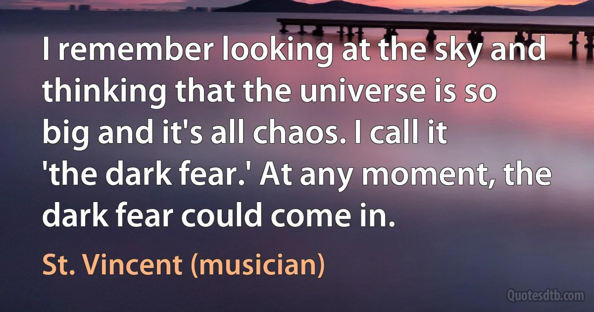 I remember looking at the sky and thinking that the universe is so big and it's all chaos. I call it 'the dark fear.' At any moment, the dark fear could come in. (St. Vincent (musician))