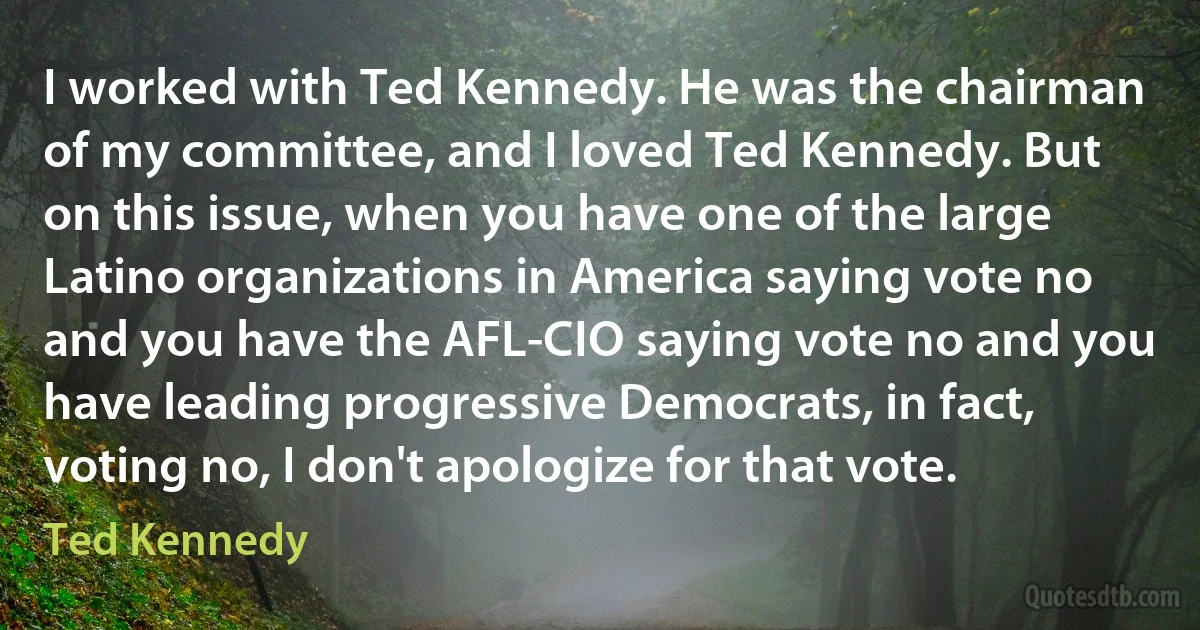 I worked with Ted Kennedy. He was the chairman of my committee, and I loved Ted Kennedy. But on this issue, when you have one of the large Latino organizations in America saying vote no and you have the AFL-CIO saying vote no and you have leading progressive Democrats, in fact, voting no, I don't apologize for that vote. (Ted Kennedy)