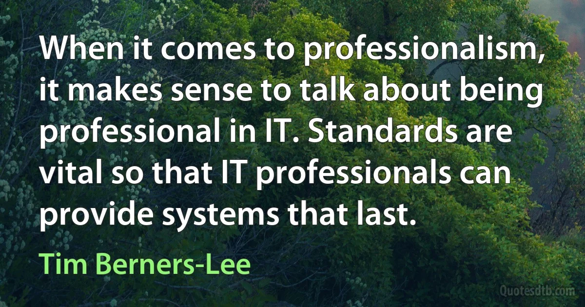 When it comes to professionalism, it makes sense to talk about being professional in IT. Standards are vital so that IT professionals can provide systems that last. (Tim Berners-Lee)