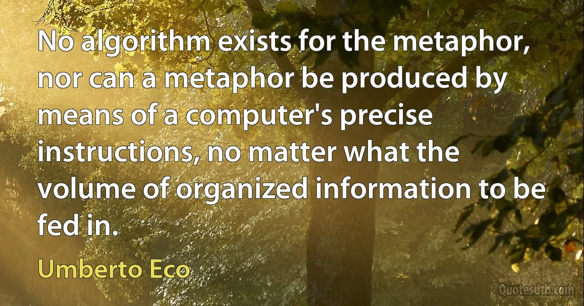 No algorithm exists for the metaphor, nor can a metaphor be produced by means of a computer's precise instructions, no matter what the volume of organized information to be fed in. (Umberto Eco)