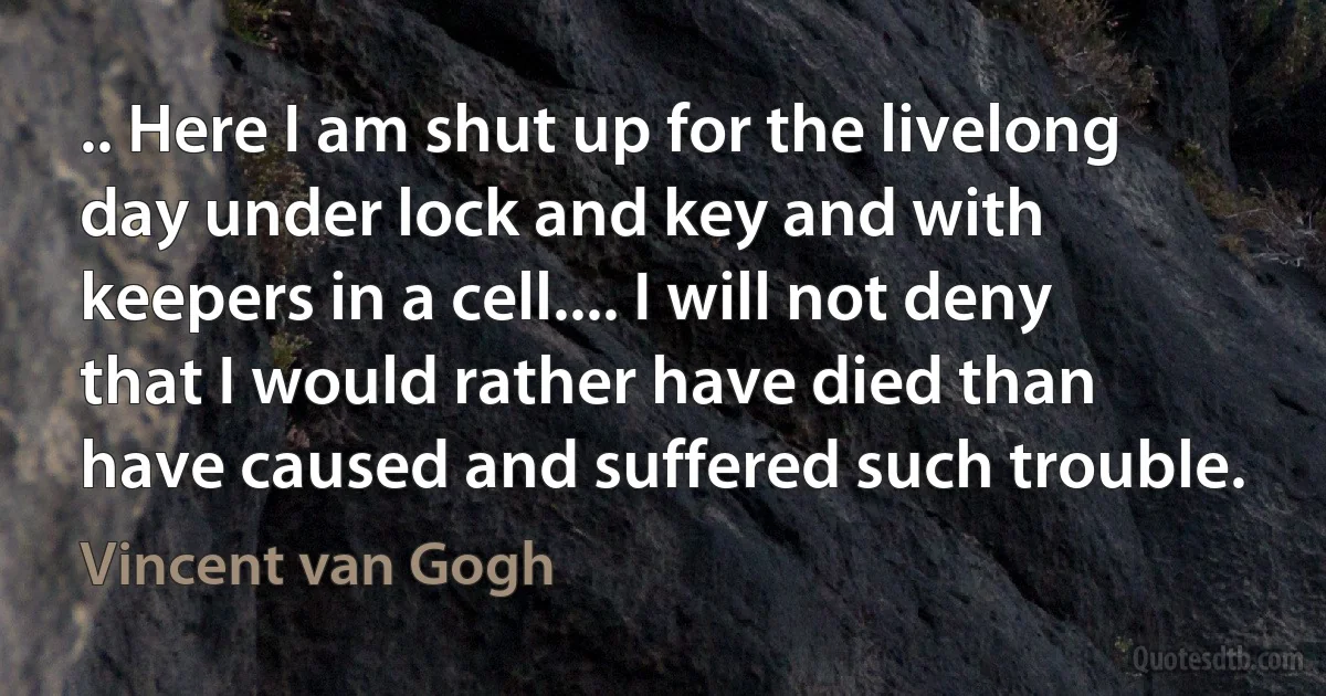 .. Here I am shut up for the livelong day under lock and key and with keepers in a cell.... I will not deny that I would rather have died than have caused and suffered such trouble. (Vincent van Gogh)