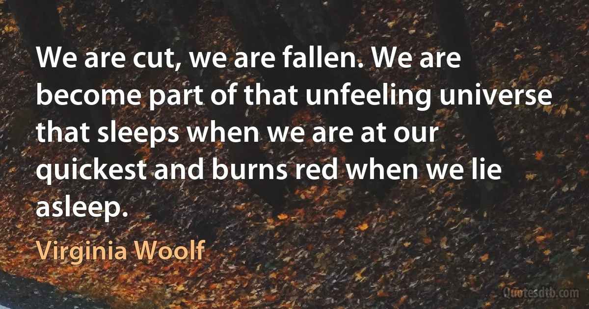 We are cut, we are fallen. We are become part of that unfeeling universe
that sleeps when we are at our quickest and burns red when we lie
asleep. (Virginia Woolf)