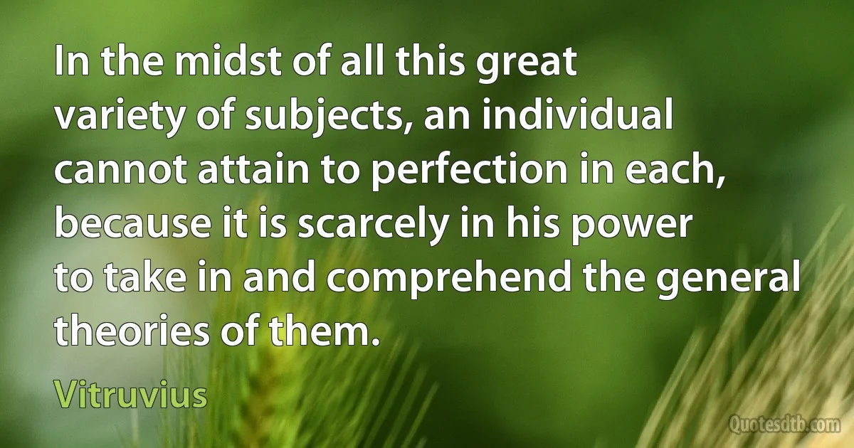 In the midst of all this great variety of subjects, an individual cannot attain to perfection in each, because it is scarcely in his power to take in and comprehend the general theories of them. (Vitruvius)