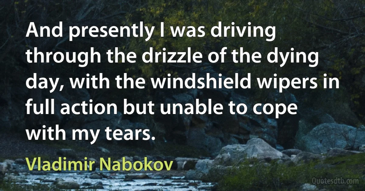 And presently I was driving through the drizzle of the dying day, with the windshield wipers in full action but unable to cope with my tears. (Vladimir Nabokov)