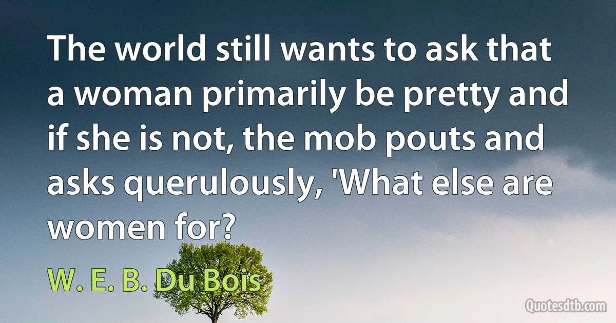 The world still wants to ask that a woman primarily be pretty and if she is not, the mob pouts and asks querulously, 'What else are women for? (W. E. B. Du Bois)