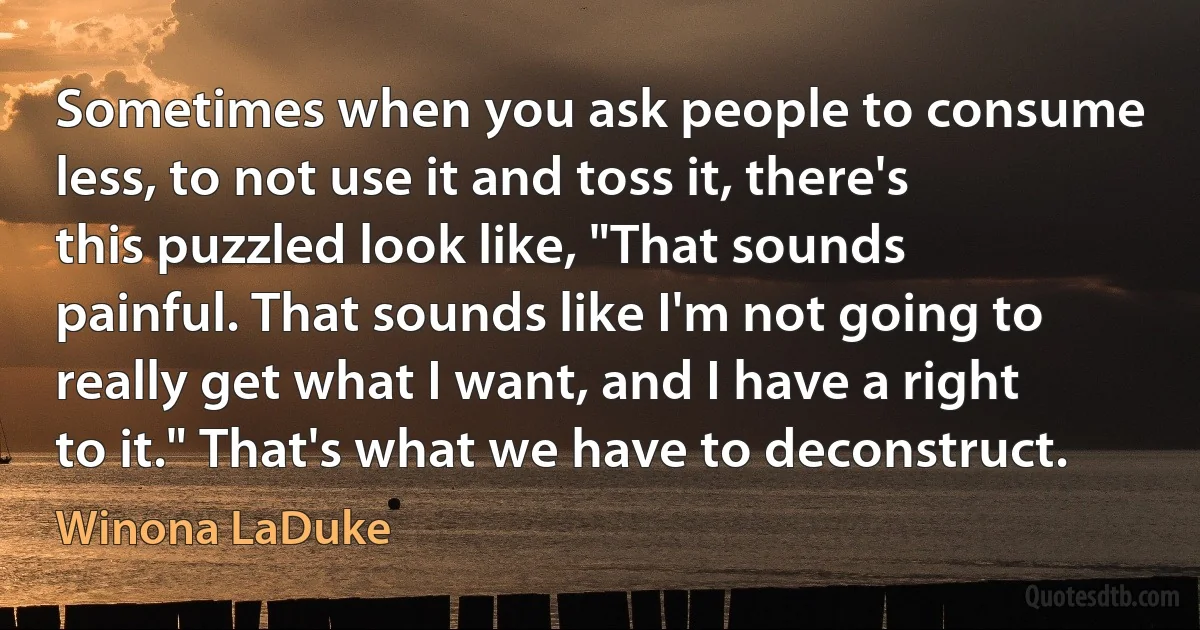 Sometimes when you ask people to consume less, to not use it and toss it, there's this puzzled look like, "That sounds painful. That sounds like I'm not going to really get what I want, and I have a right to it." That's what we have to deconstruct. (Winona LaDuke)