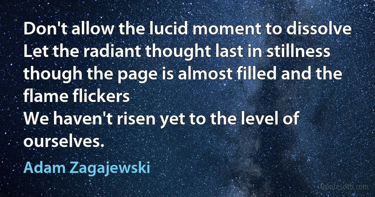 Don't allow the lucid moment to dissolve
Let the radiant thought last in stillness
though the page is almost filled and the flame flickers
We haven't risen yet to the level of ourselves. (Adam Zagajewski)