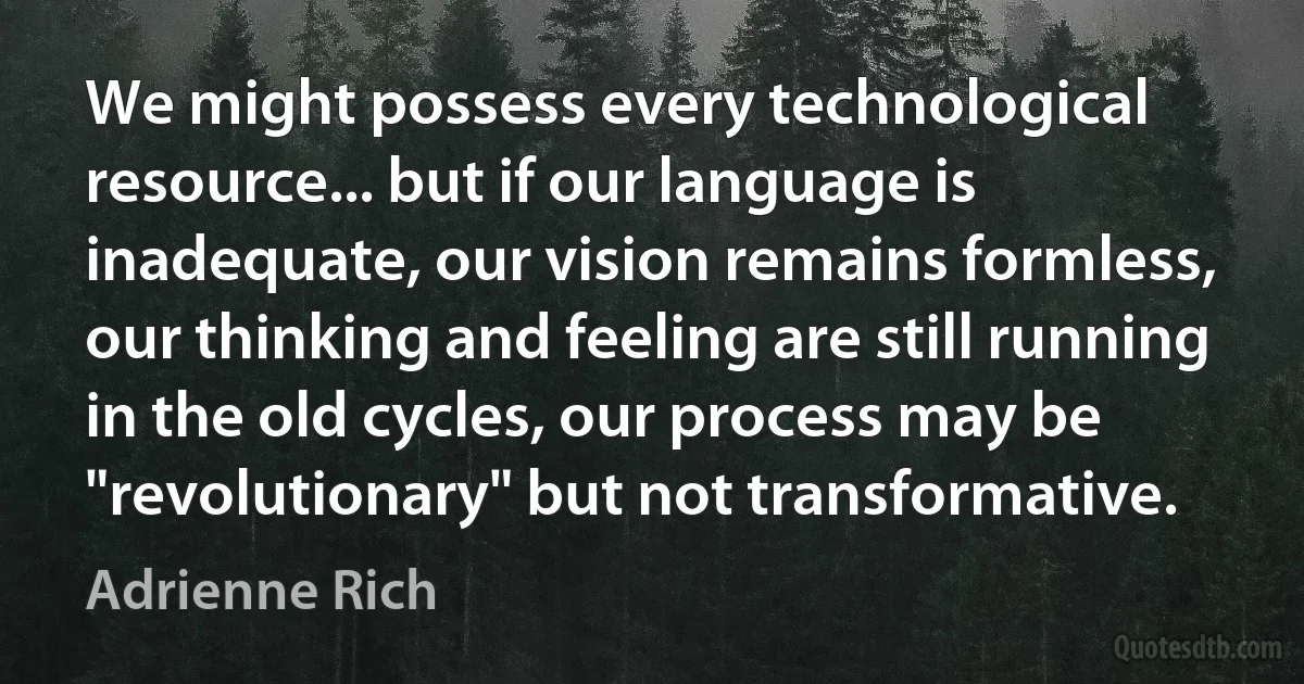 We might possess every technological resource... but if our language is inadequate, our vision remains formless, our thinking and feeling are still running in the old cycles, our process may be "revolutionary" but not transformative. (Adrienne Rich)