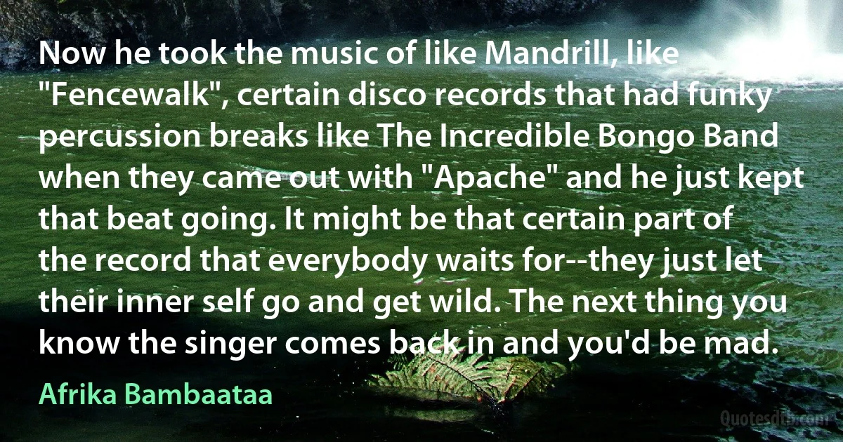 Now he took the music of like Mandrill, like "Fencewalk", certain disco records that had funky percussion breaks like The Incredible Bongo Band when they came out with "Apache" and he just kept that beat going. It might be that certain part of the record that everybody waits for--they just let their inner self go and get wild. The next thing you know the singer comes back in and you'd be mad. (Afrika Bambaataa)